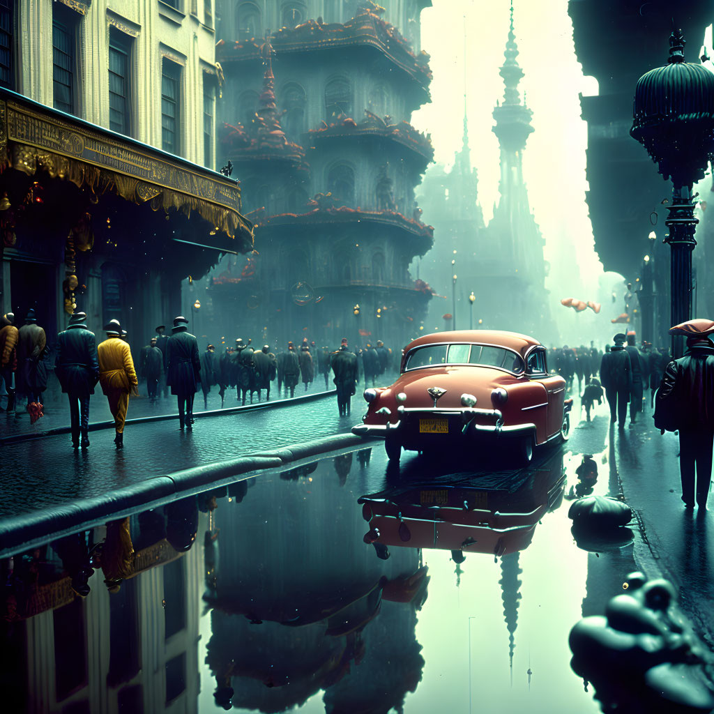 Blue Retro-Futuristic Cityscape with Vintage Red Car and Ornate Buildings