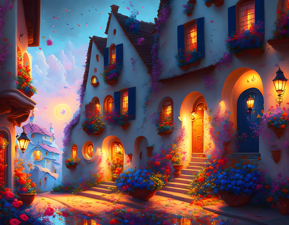 Charming village scene: cobblestone streets, glowing lanterns, flowers, white houses at twilight