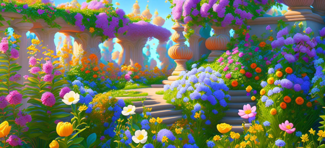 Lush garden with blooming flowers and mushroom-shaped structures