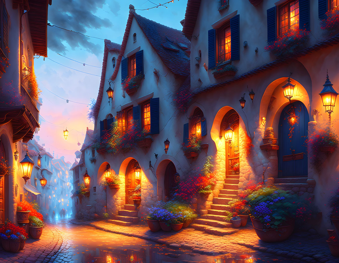 Twilight cobblestone street with glowing lanterns and vibrant flowers