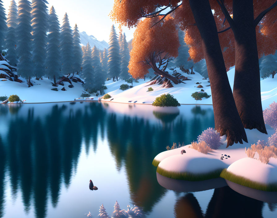 Tranquil winter landscape with snow, lake, colorful trees, and clear sky