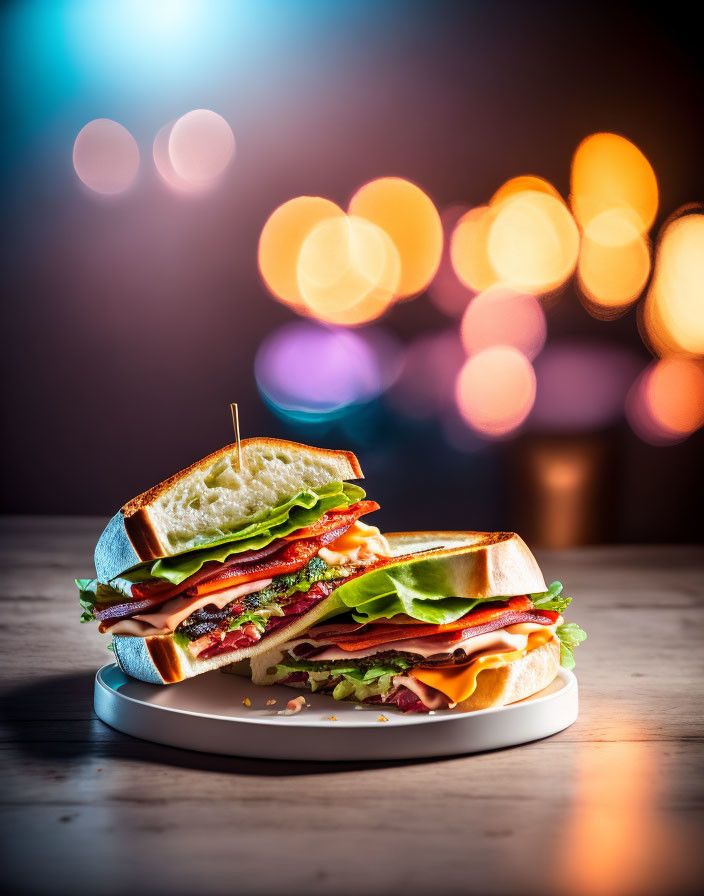 Layered sandwich with lettuce, tomato, cheese, and meat on a plate