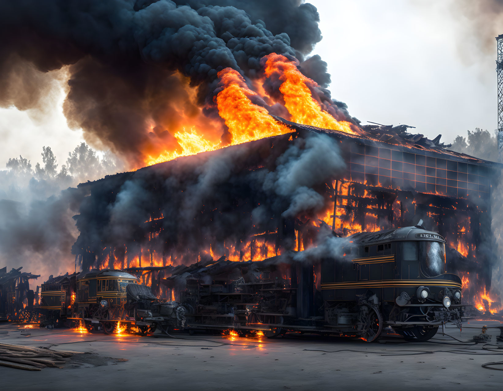 Intense fire at train depot with vintage trains engulfed