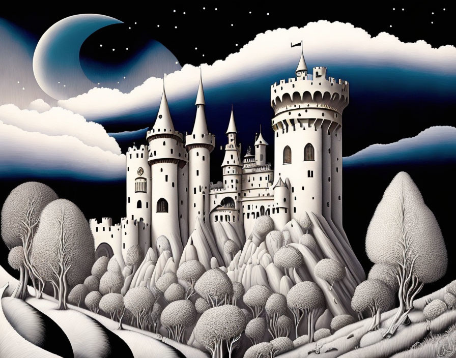 Monochromatic whimsical castle with towers, crescent moon, stars, and stylized forest.