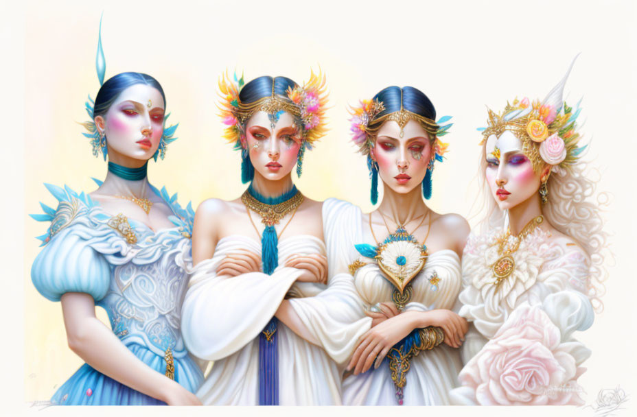 Ethereal female figures with elaborate headdresses and jewelry