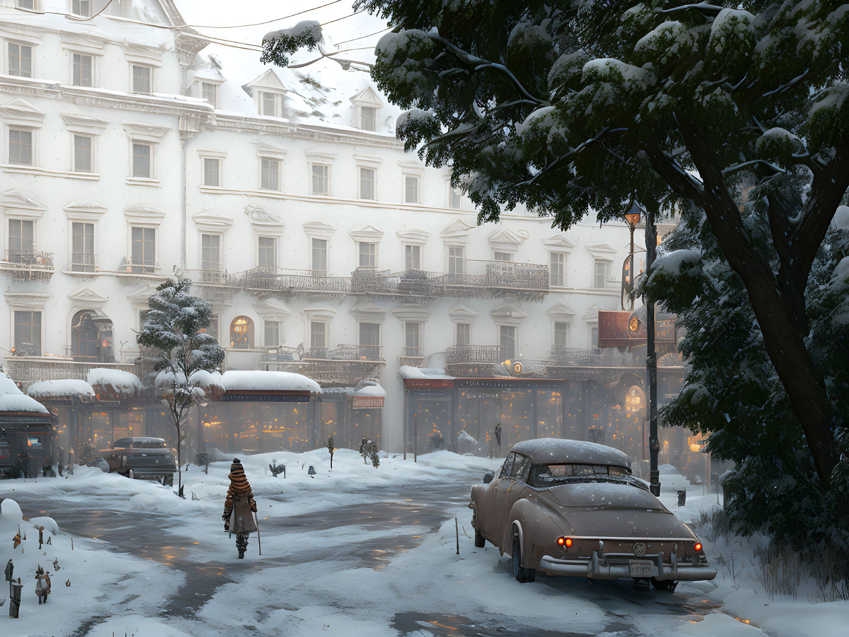 Snowy urban scene with person walking, vintage car, and lit buildings