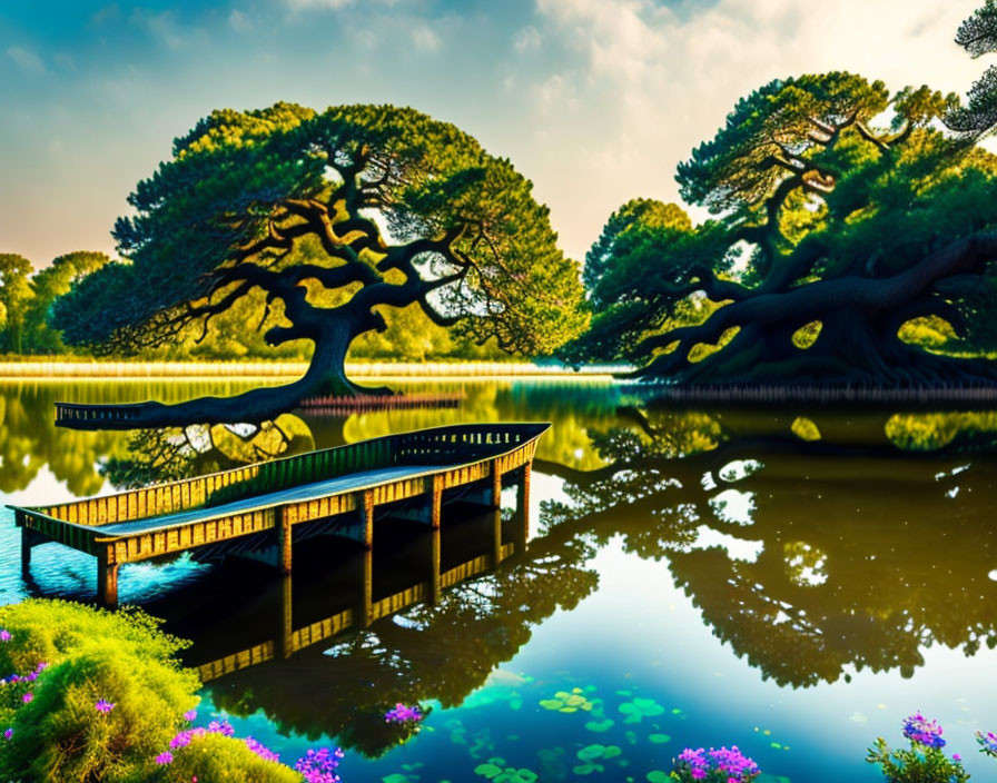 Tranquil lake with wooden pier, majestic trees, lush greenery, and colorful flowers