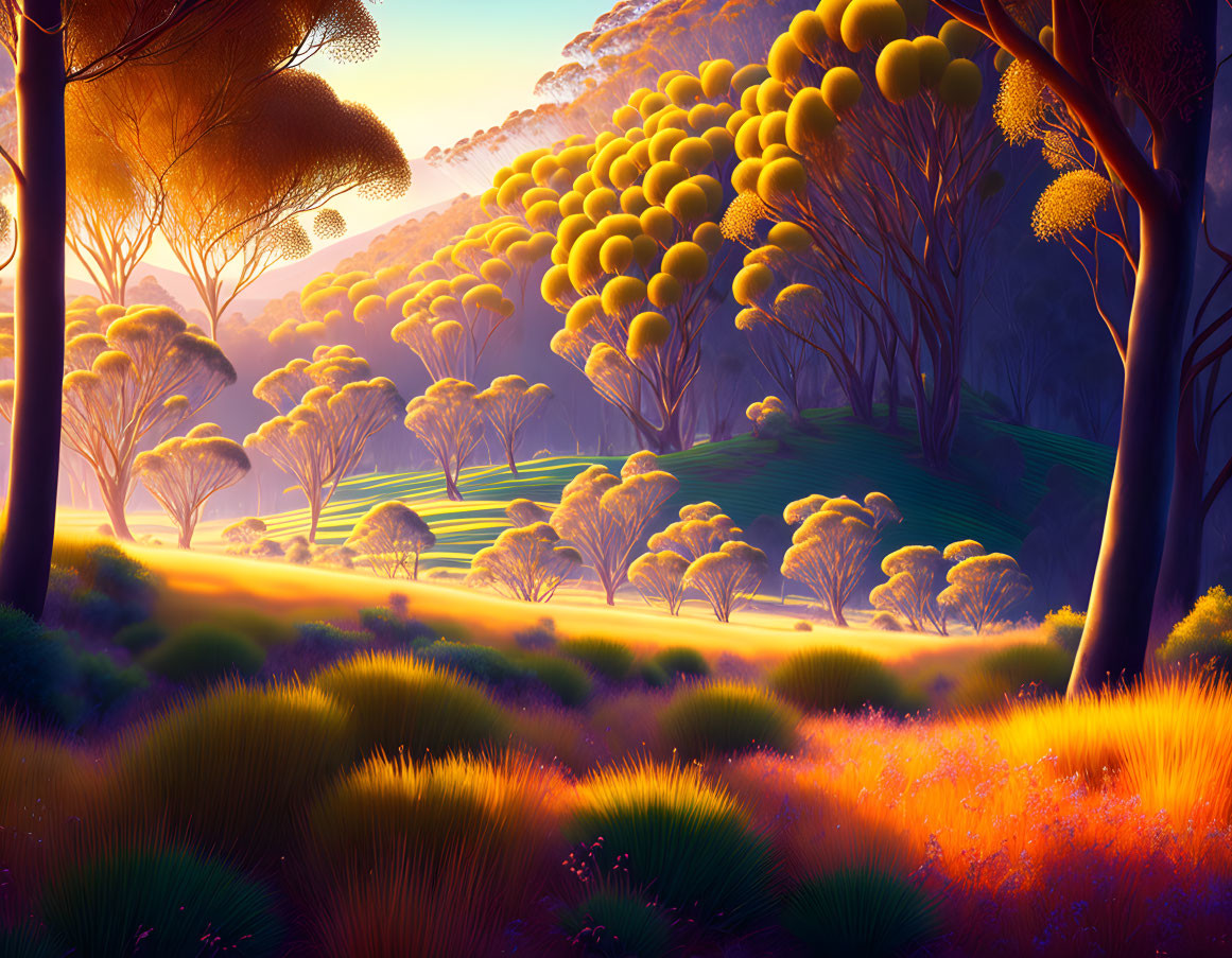 Vibrant Landscape with Orange-Hued Flora and Canopy Trees