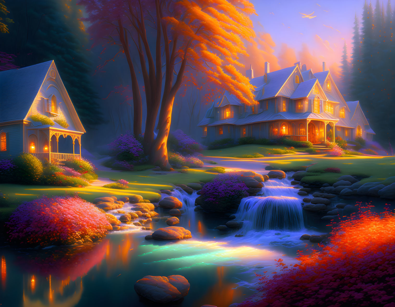 Tranquil illuminated cottage by stream with waterfall at dusk