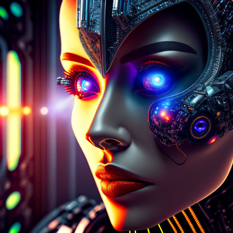 Detailed female robot face with glowing blue eyes and high-tech components on dark, neon-lit backdrop