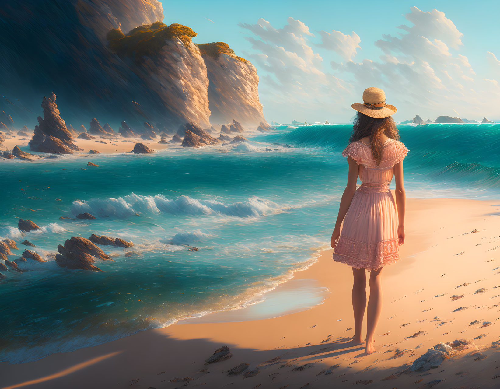 Woman in pink dress on sandy beach with straw hat, turquoise sea, rocky cliffs, and blue sky