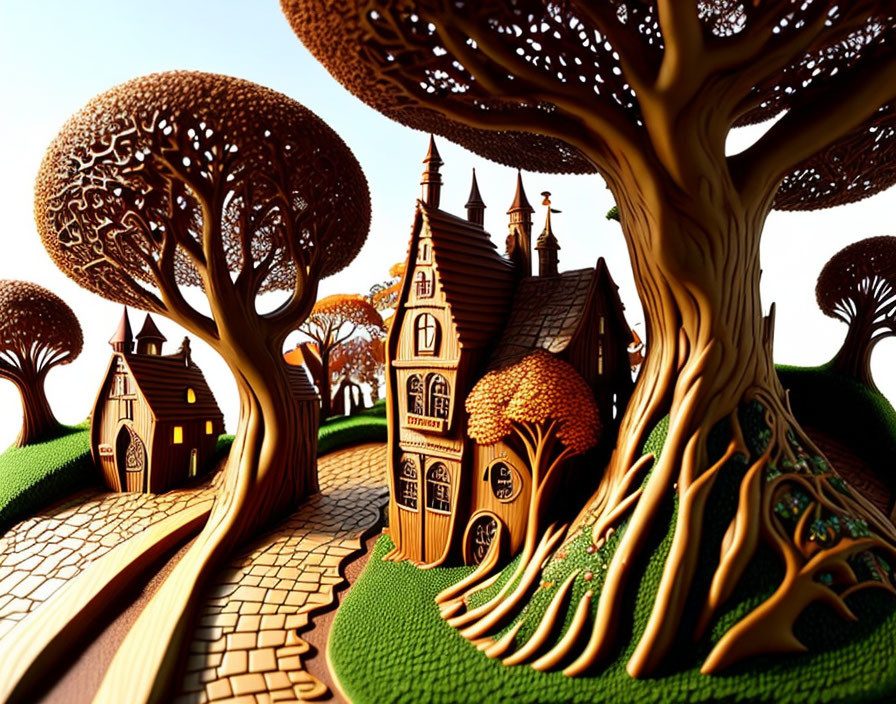 Golden-hued tree-like structures and quaint houses in a whimsical landscape