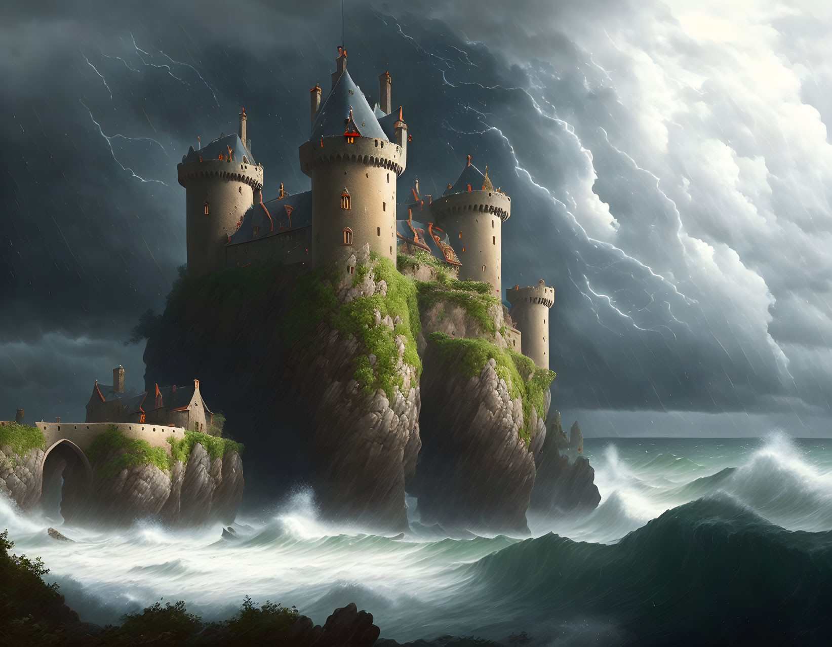 Castle on Cliff Overlooking Turbulent Seas and Stormy Sky