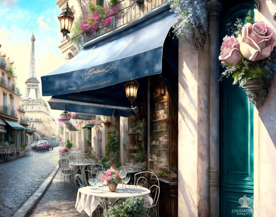 Parisian Street Scene: Outdoor Cafe, Flowers, Eiffel Tower View