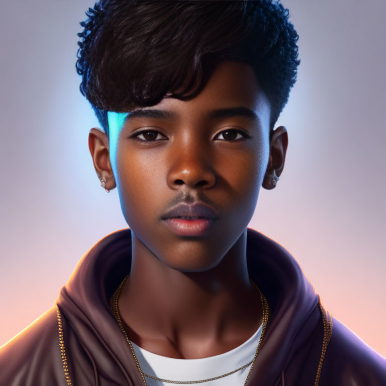 Stylized portrait of young person in leather jacket on gradient background