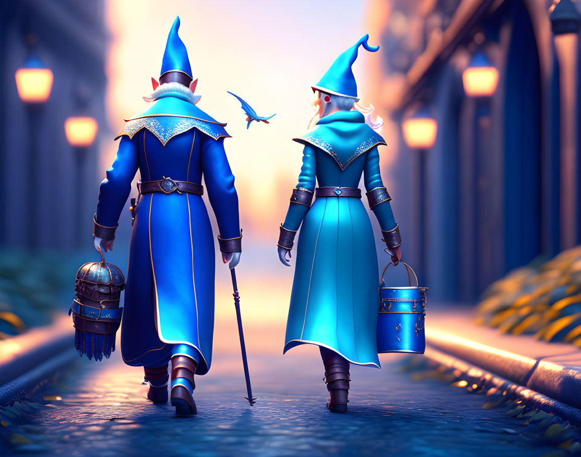 Two wizards in blue robes and pointed hats on cobblestone path with staff, helmet, bucket,