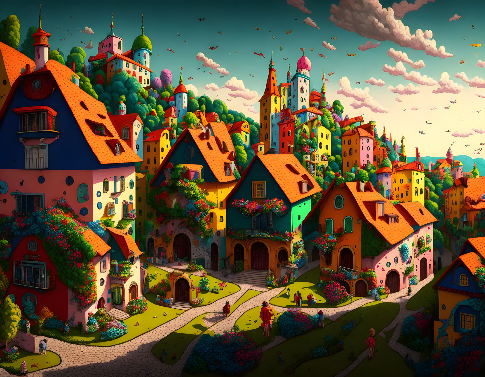 Colorful fantasy village with lush greenery and whimsical atmosphere