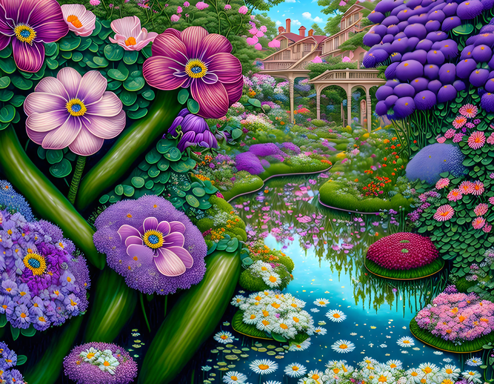 Colorful Flower Garden with Pond and Mansion Skyline