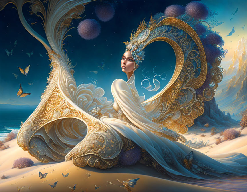 Surreal desert illustration with woman in ornate gown