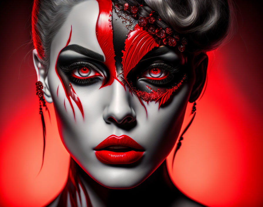 Portrait of Woman with Dramatic Red and Black Makeup on Deep Red Background