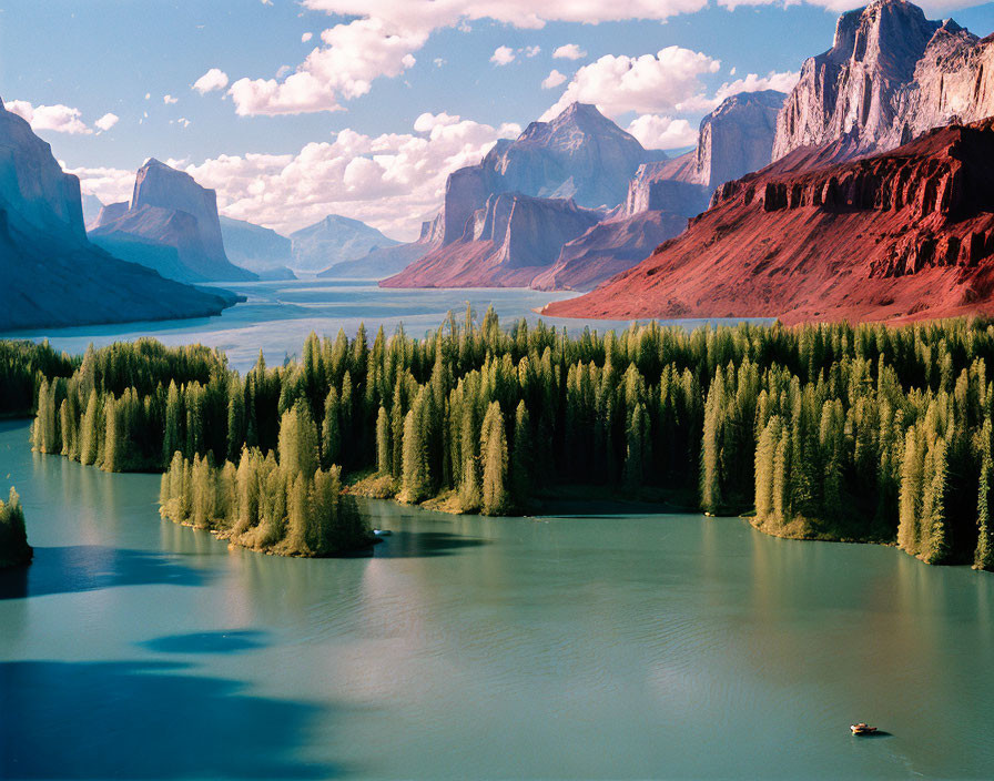 Scenic landscape with red cliffs, evergreen forests, and blue river