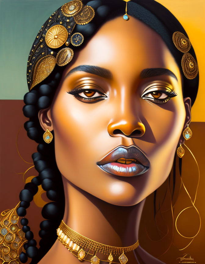 Detailed Portrait of Woman with Golden Jewelry and Dark Braids