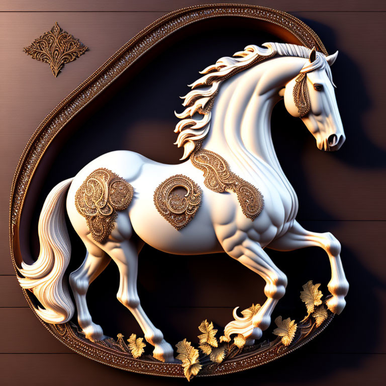 White 3D-Relief Sculpted Horse with Golden Embellishments in Oval Wooden Frame