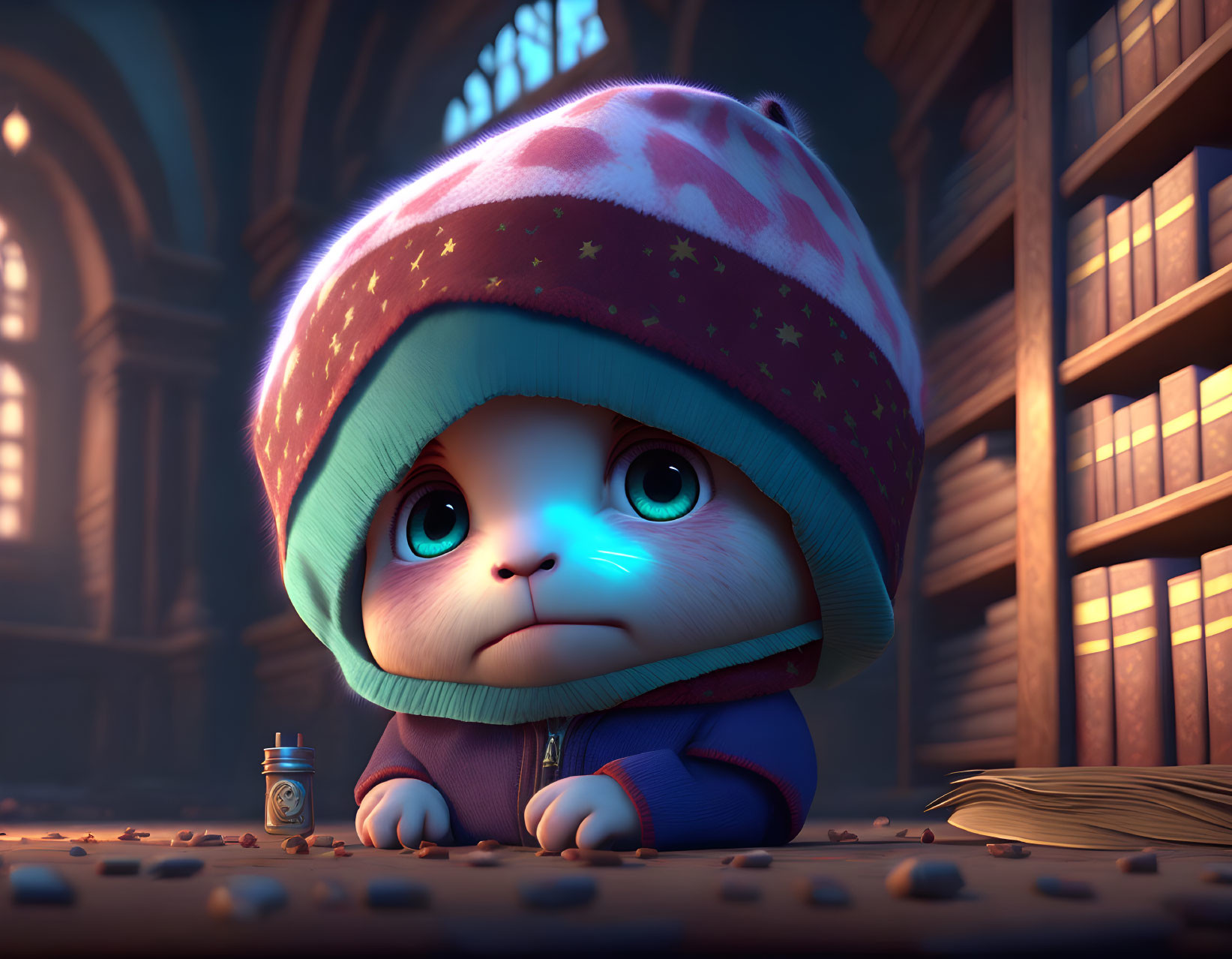 Animated bunny in colorful attire with scattered beans and bottle in cozy library