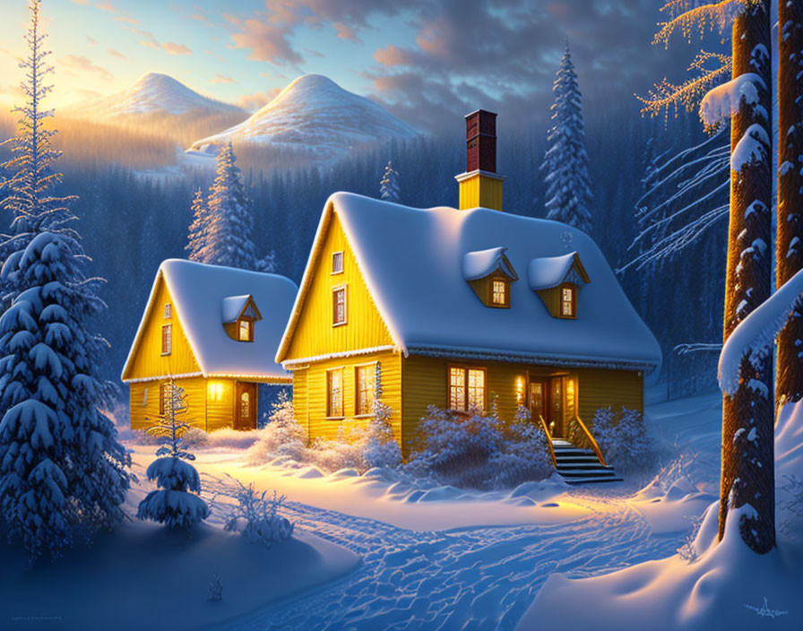 Snow-covered cabin in serene wintry landscape at twilight