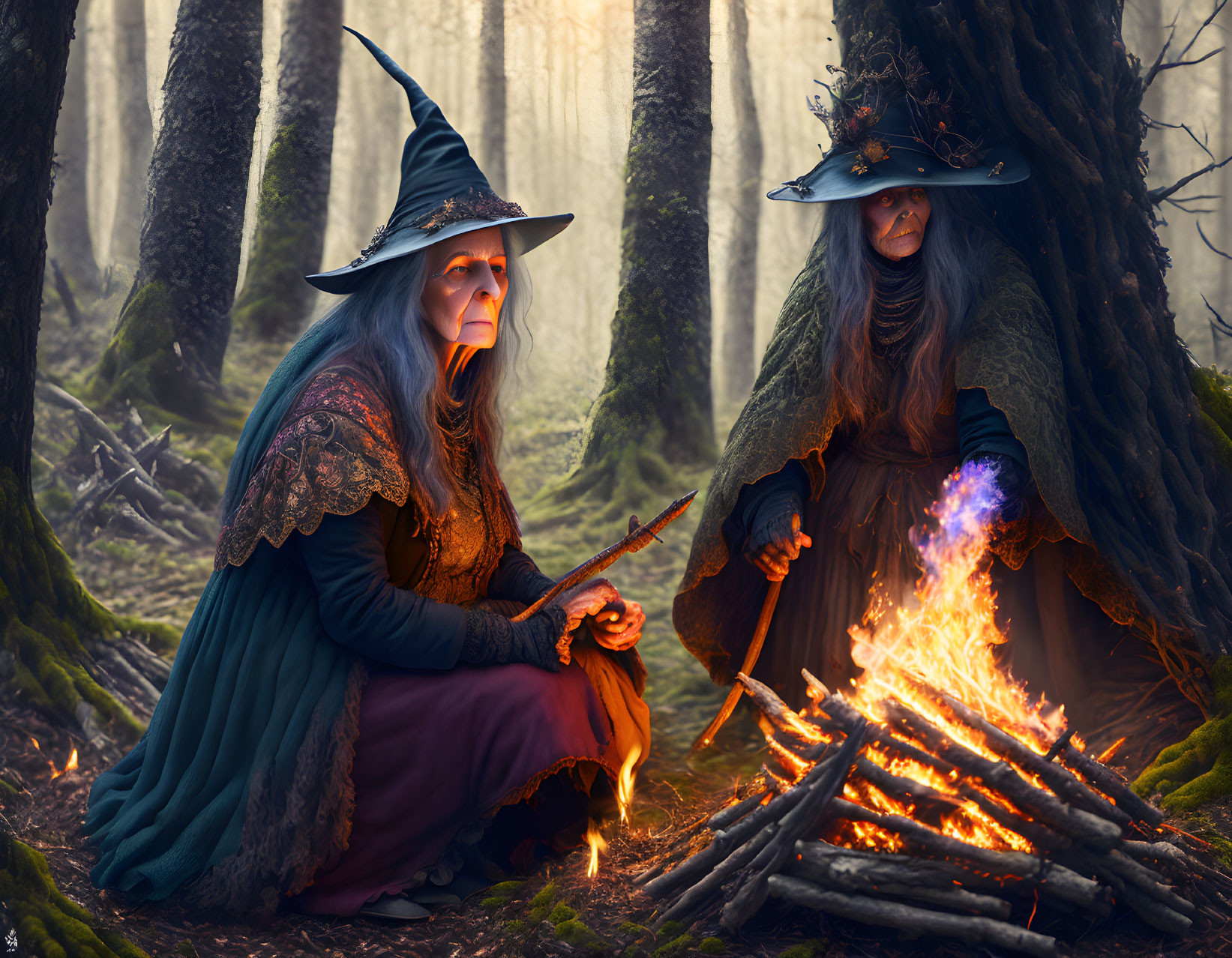 Mystical forest scene: Two witches in robes by fire, one conjuring flames