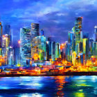 City skyline painting: vibrant impressionist style, night scene with water reflection and starry blue sky