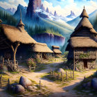 Sunlit rustic western town with wooden buildings, barrels, cart, and desert rock formations.