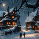 Snow-covered winter village with glowing windows and crescent moon