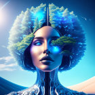 Surreal digital art: Female figure with tree-like hair in fantasy setting