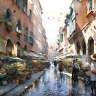 Historic canal with old buildings, market stalls, vintage attire, and birds in a serene setting