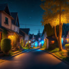 Tranquil nighttime street with charming houses under starry sky