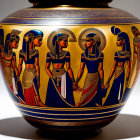 Ancient Egyptian-themed vase with women illustrations on golden-blue backdrop