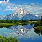 Snow-capped mountains, serene lake, vibrant greenery in a picturesque landscape