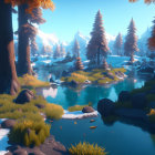 Fantastical forest landscape with serene lake and coral-like trees