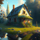 Tranquil digital painting of cottages in lush greenery at sunset