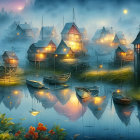 Colorful Stylized Artwork: Whimsical Night Scene with Castles, River, and