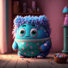 Blue-petaled animated creature with candies and vase by window