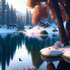 Tranquil Winter Scene: Snowy Shores, Calm Lake, Autumn Trees