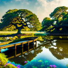 Tranquil landscape with vibrant trees, blue sky, lake, and fishing figure