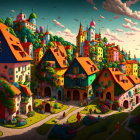 Sunlit city with castles and houses on hills, lone figure walking.