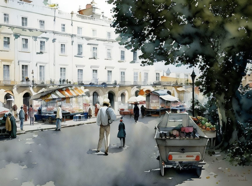 People walking towards bustling market under classical building arcade with white tents, child leading, and flower cart nearby