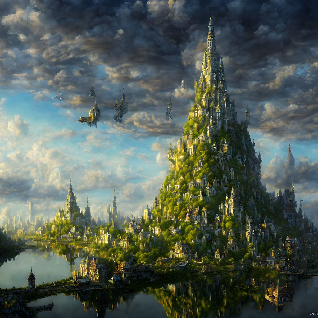 Fantasy landscape with towering castle, green mountain, airships, and dramatic sky