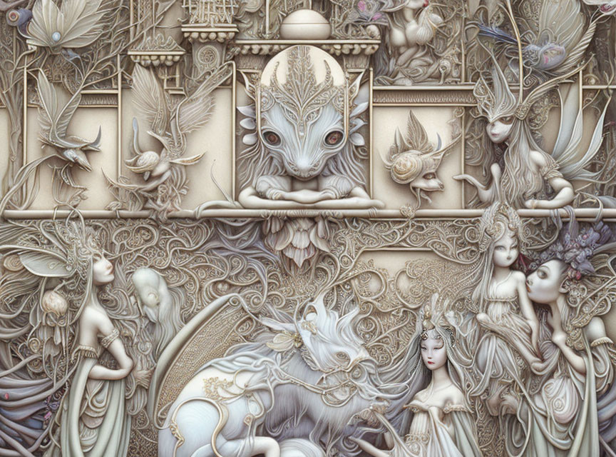 Fantasy Scene with Ethereal Beings, Ornate Details, and Enigmatic Creature