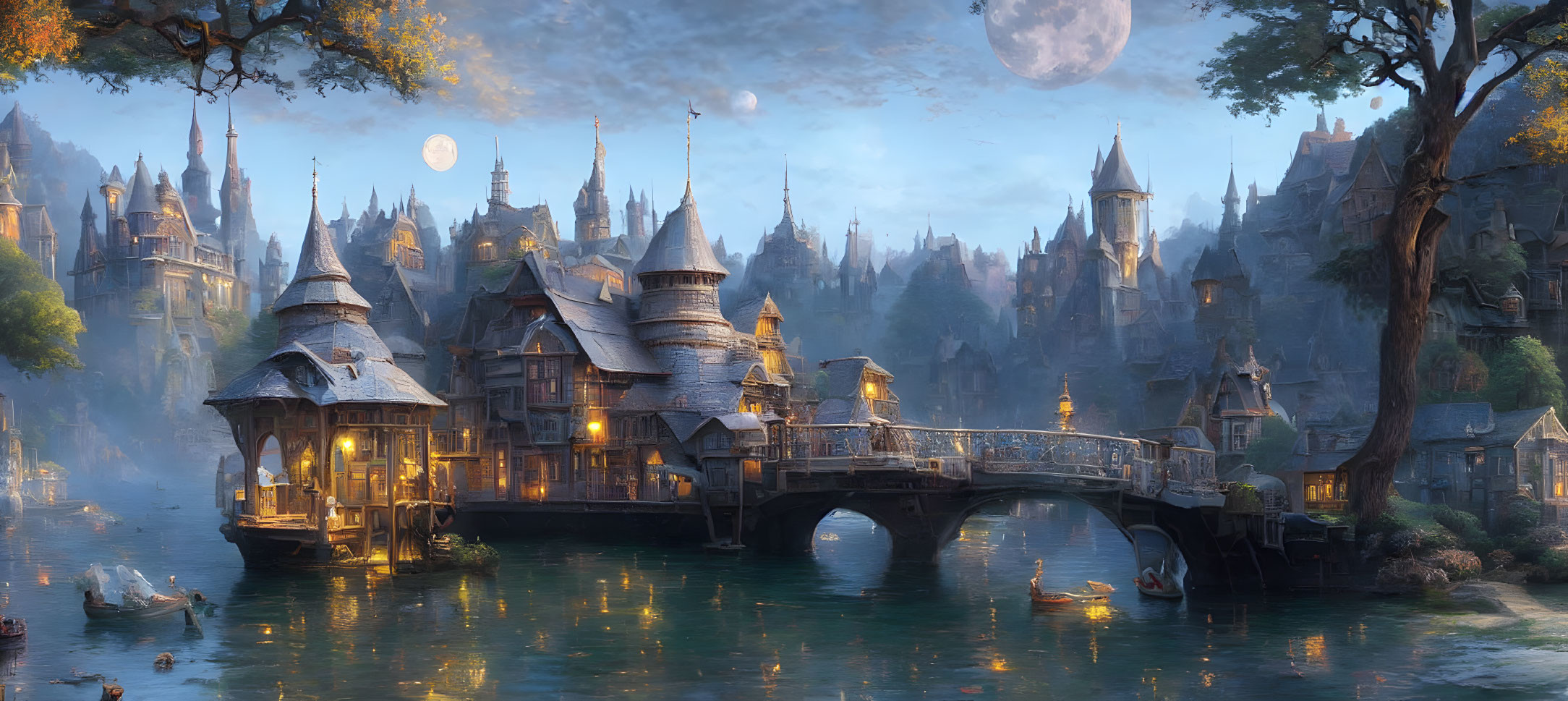 Tranquil fantasy village with stone bridge, calm river, and two moons at dusk