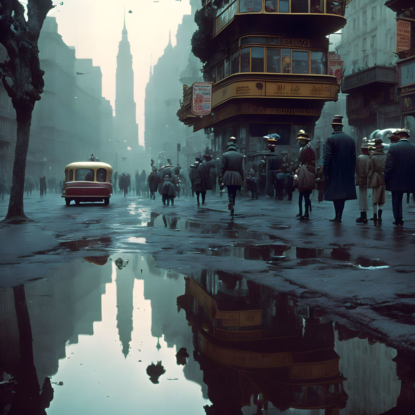 Retro-futuristic city street scene with vintage cars and double-decker bus under overcast skies